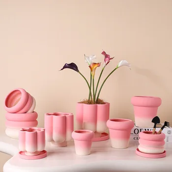 Nordic Modern Ceramic Flower Pot Glazed Gradual Change Phalaenopsis Breathable Clay Household Tray Green for New Year Planting