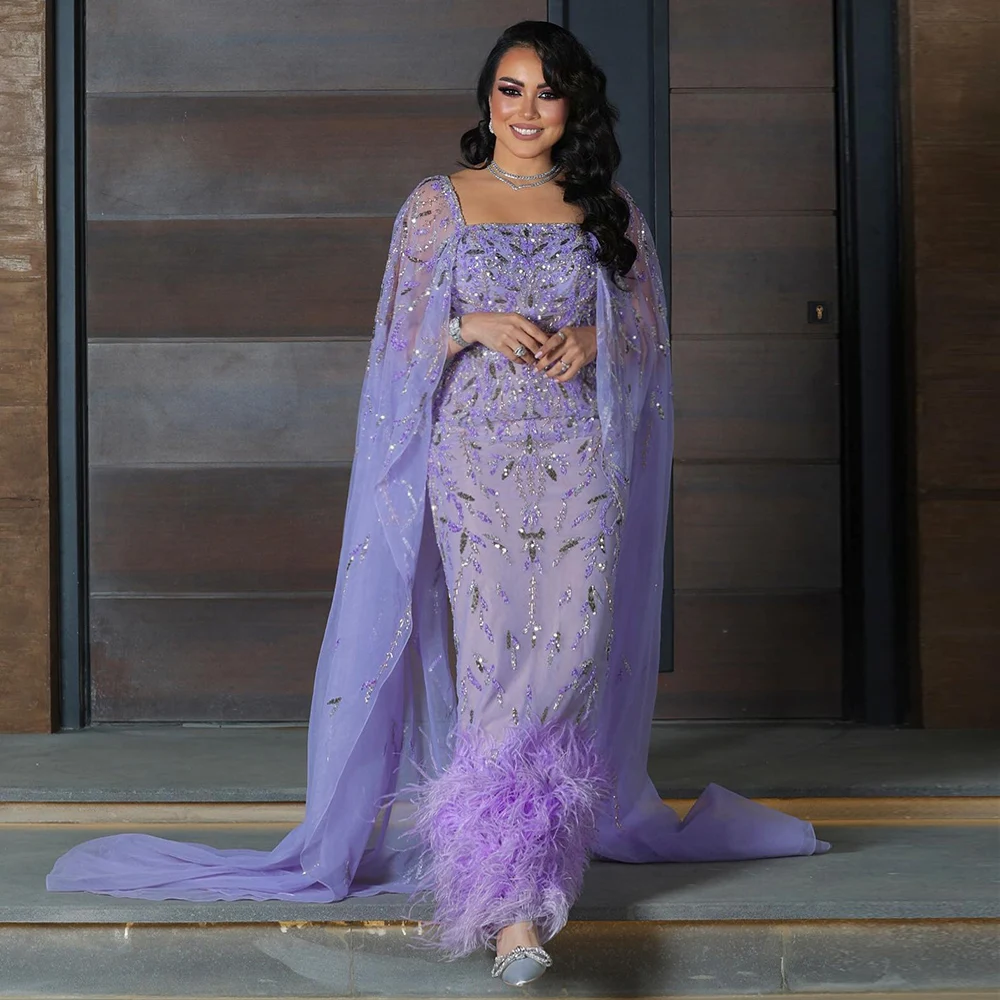 Sharon Said SS381 Luxury Feathers Lilac Evening Dress with Cape Sleeves  Dubai Engagement Dress for Women Wedding Party