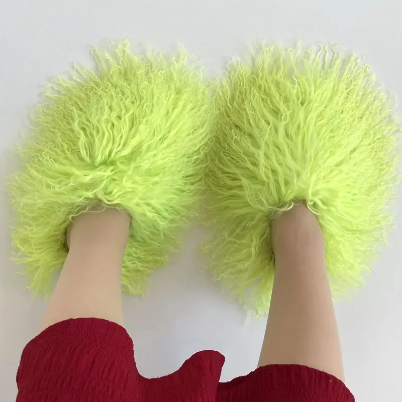Zapatillas de pelo largo para mujer, chanclas de pelo de oveja de