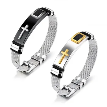 Adjustable Length Mens Cross Mesh Bracelet Men Stainless Steel Cool Christian Jewelry