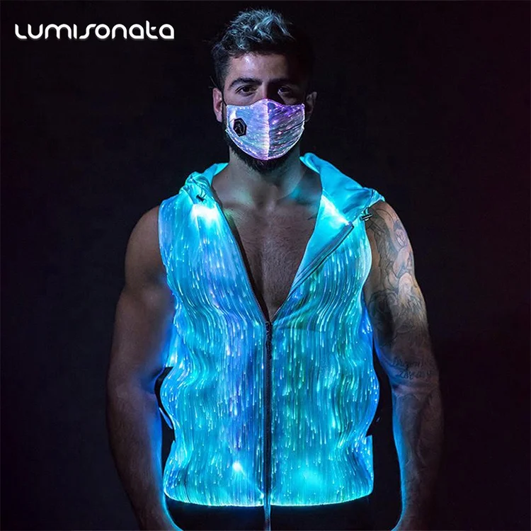LED Light Luminous 7-Color Glowing Jacket for Men Hooded Zipper for Autumn Nightclub Concert Music Festival Performance Clothing