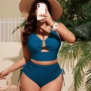 2026 New Plus-Size Women's Two-Piece Swimwear Conservative High-Waisted Bikini with Hand Embroidery