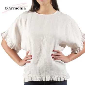 Italy Fashion women linen tops western style white blouse flounce ruffle blouse