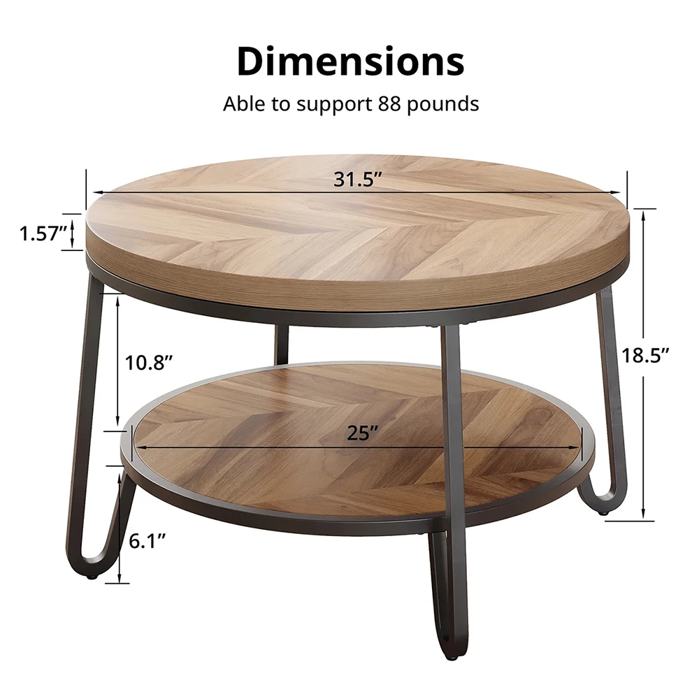 Modern 32\" Circle Accent Center Table with 2-Tier Storage Shelves Easy Assembly Wood Grain Design for Living Room Coffee Table details
