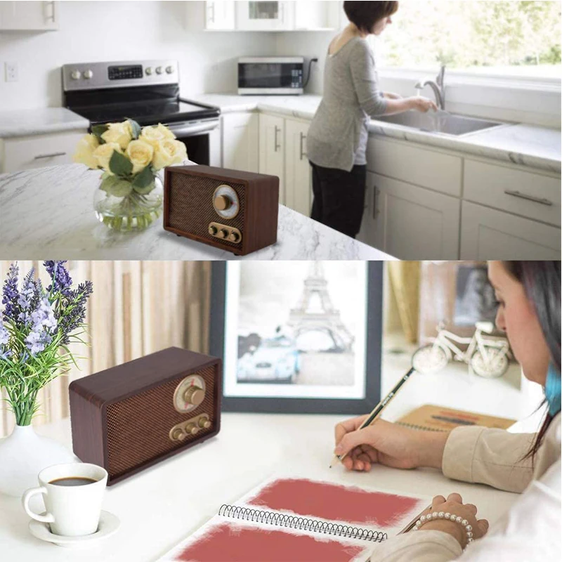 FM AM Radio Retro Wood Radio Play Mp3 and Antenna Built in Speaker for Kitchen Living Room