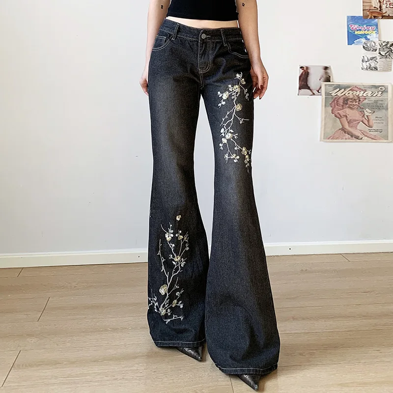 Denim Women High Street Hot Girl Skinny Boot Cut Dark Wash Low Waist Long Plant Embroidery Pants