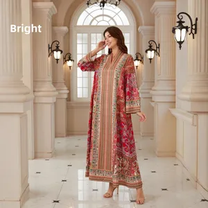 Wholesale New Middle Eastern Muslim Women Robe Loose Printed Long Sleeve V-Neck Dress