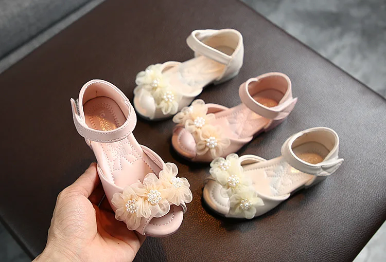 2021 hot sale  fashion  Pearl flower princess Soft bottom children's shoes MS321