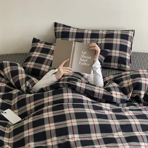 Modern Comforter Bed Set Simplicity 4PCS Vintage Bedsheet with Woven Plaid Pattern Simple Style Bedding Set