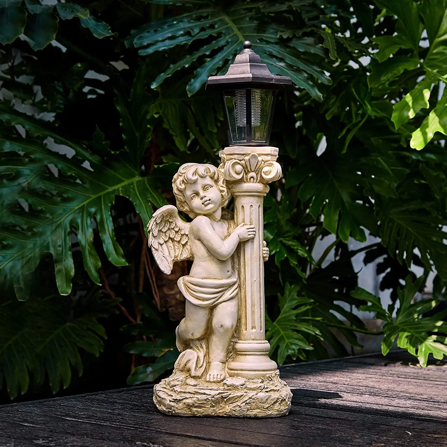 Outdoor Garden Solar Cherub Angel Statue With Marble Pillar Polyresin ...