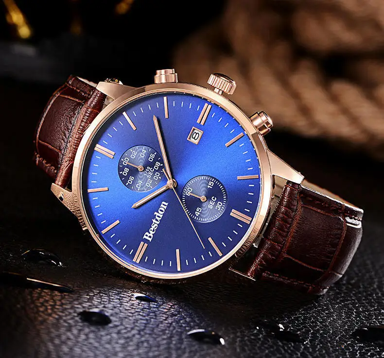 Casual and Sport Style Clock for Gift Choice Genuine Leather Band Multi Function Mens Chronograph Watches Waterproof 3ATM