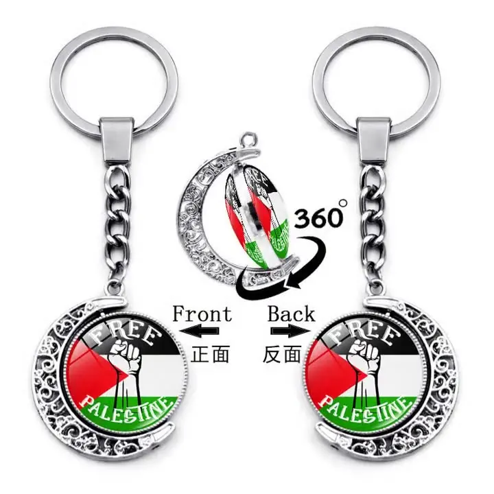 Metal Palestinian Flag Keychain Double Sided Crystal Glass Key Chain Rotating Moon Pendant Palstine Promotion Gift