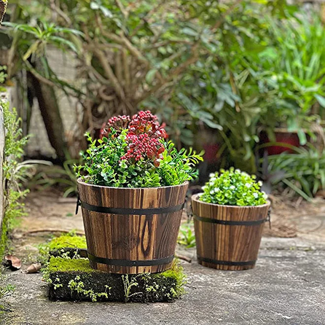Wholesale Wooden Planter Barrel - Real Wood Indoor/Outdoor Flower Pot with  Drainage Holes for Home and Garden Decor