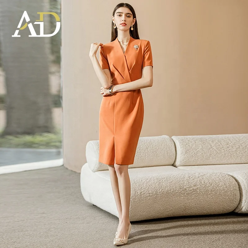 knee length dresses for ladies Orange sleeveless floral lace midi dress