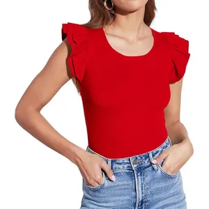 2025 Summer Women's Casual Round Neck Ruffled Short Sleeved Solid Color Top