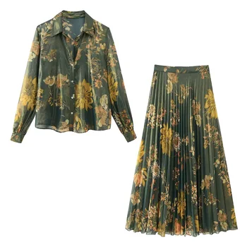 2024 new European-style women's foil printed shirt pleated skirt