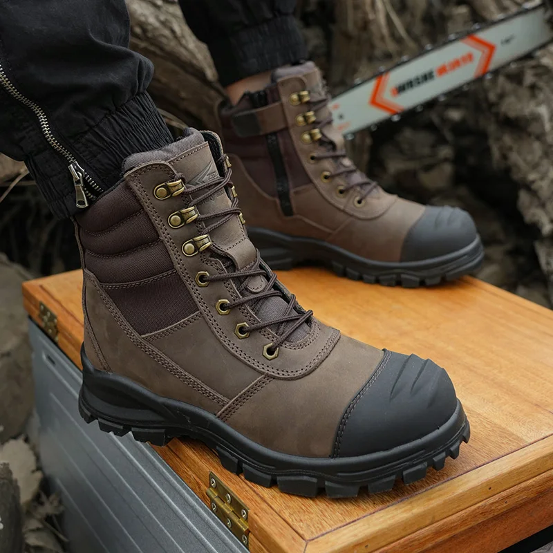 Brown high quality safety steel toe with side zipper industrial safety boots high cut crazy horse safety boots for men Alibaba