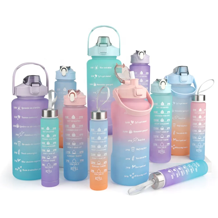Gloway 3Pcs/Set 300ml 750ml 2000ml Outdoor Sport or Gym BPA-Free Plastic Fitness Motivation Water Bottle With Time Maker