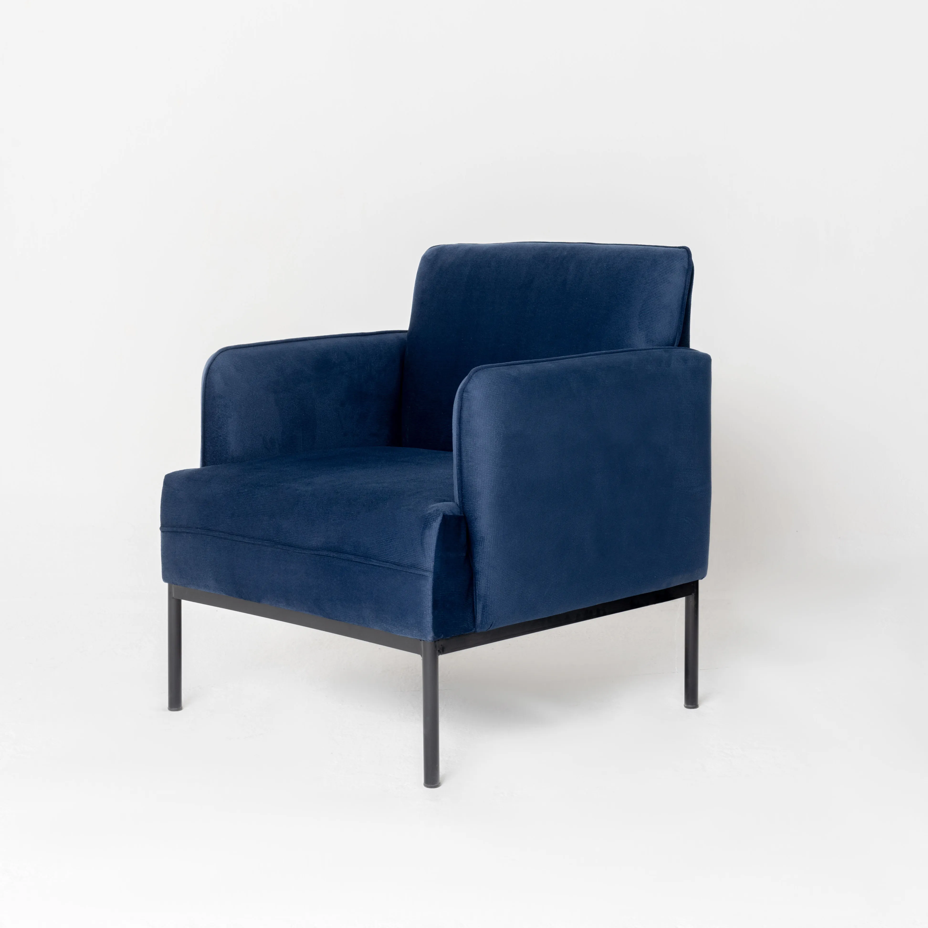 DIVERSO Milo Armchair Made of Solid Pine Wood with a Wrought Iron Base and High-quality Fabric Upholstery, Blue. Made in Mexico