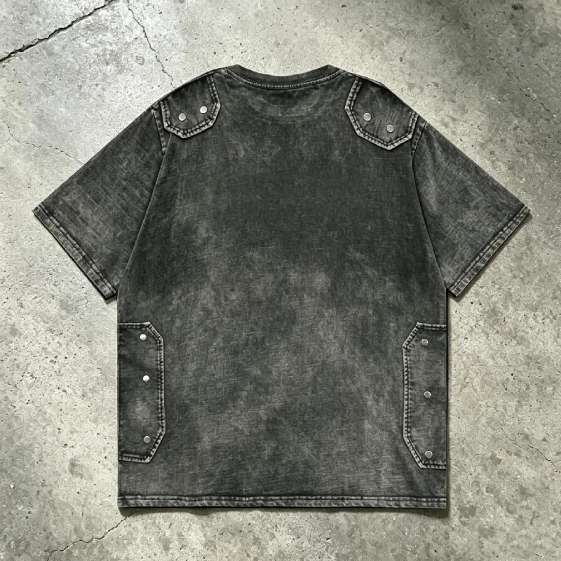 Custom Summer 100% Cotton Distressed Short-Sleeve Silk Screen T-Shirt Embroidery Rhinestones Vintage Stone Wash Studs Men's gallery 4