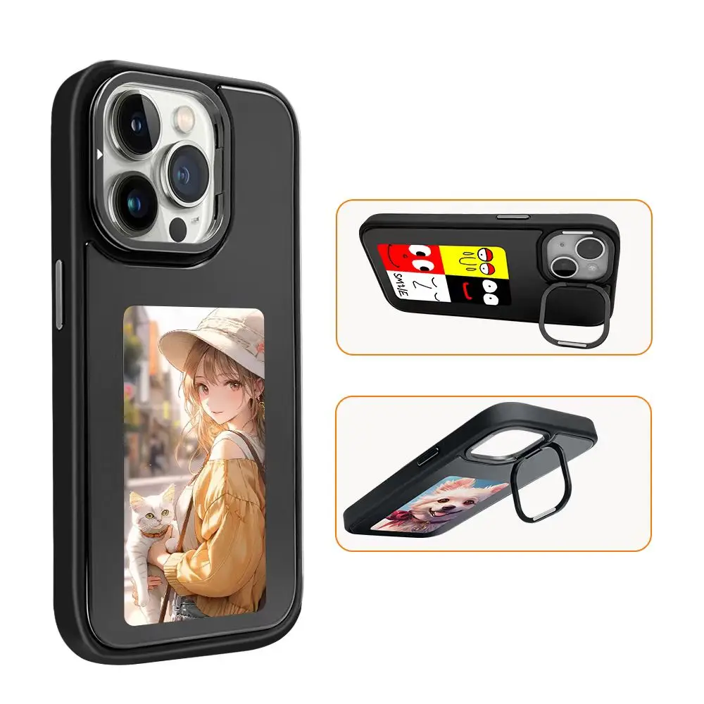 With Bracket Phone Back Cover Case for iPhone 13 14 15 Pro Max Four-Colors  Personalize Photos Display Ink Screen NFC Phone Case