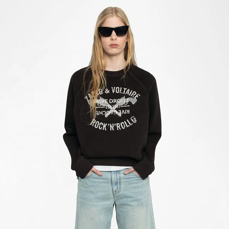 New Arrival Women's Classic Letter Print Crew Neck Sweatshirt Long Sleeve Double Gun Rhinestone 100% Cotton for Autumn