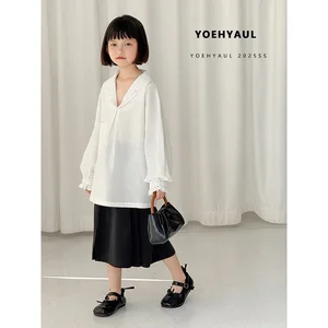 YOEHYAUL CD1694 Cotton / Linen White Teen Kid Plain Shirt Oversized T-shirt Casual Spring Summer Long Sleeve Shirt for Girl