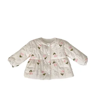 2024 Winter Clothing 0-4 Years Old Baby Coat Girl Tulip Rabbit Pressed Cotton and Velvet Long Sleeve Outing Wear Kids Top