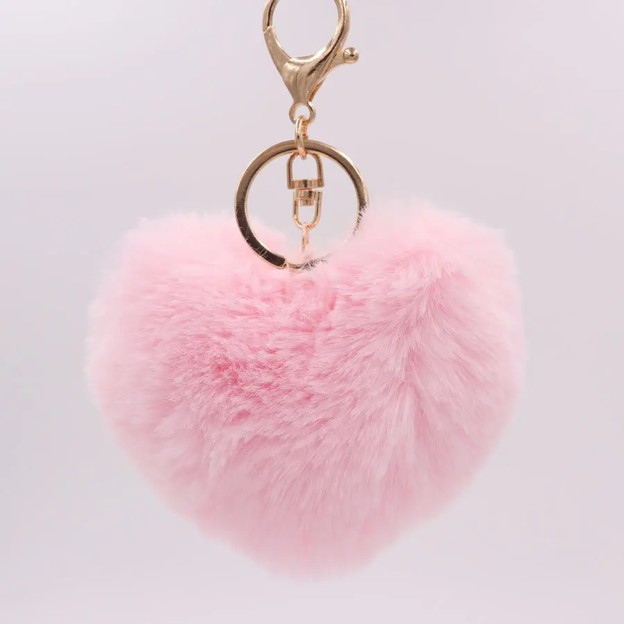 Lovely Heart Shaped Pom Pom Keychain Rabbit Fluffy Plush Peach