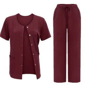 Stylish Comfortable Two-piece Woven Cotton Blends Open-front Buttoned Top Plain Trousers Women's Nursing Scrub Uniform Set