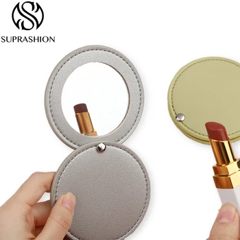 Fashionable PU Oil Edged Leather Makeup Mirror, Small And Portable Mirror, Simple Solid Color Anti Drop Mirror