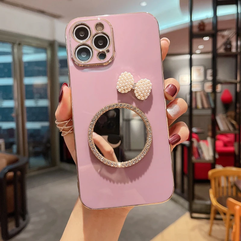 Makeup Mirrored Phone Case Fundas De Lujo Para For iphone 13 14 12 Pro Max Butterfly Diamond Bling Cases Cover For Women Girls details