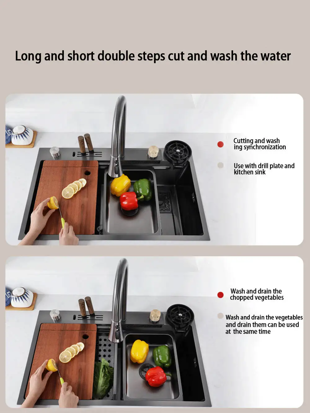 32 Inch Black Faucet Stainless Steel Sink Waterfall Spout Large Single