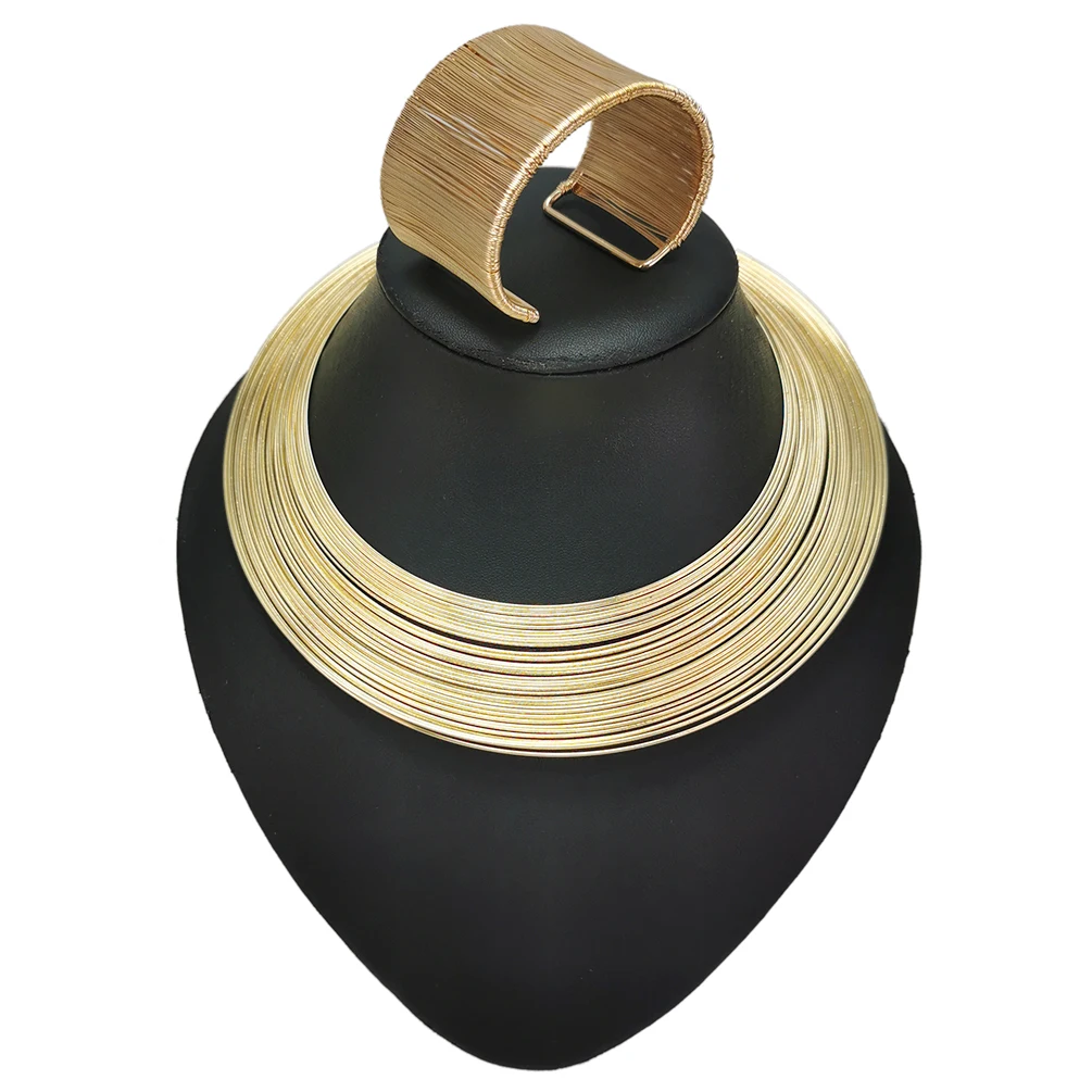Fashion Multi Layered Metal Wire Torques Choker Necklaces Bracelet Sets for Women Indian Jewelry Set Dress Gift Bridal Accessory