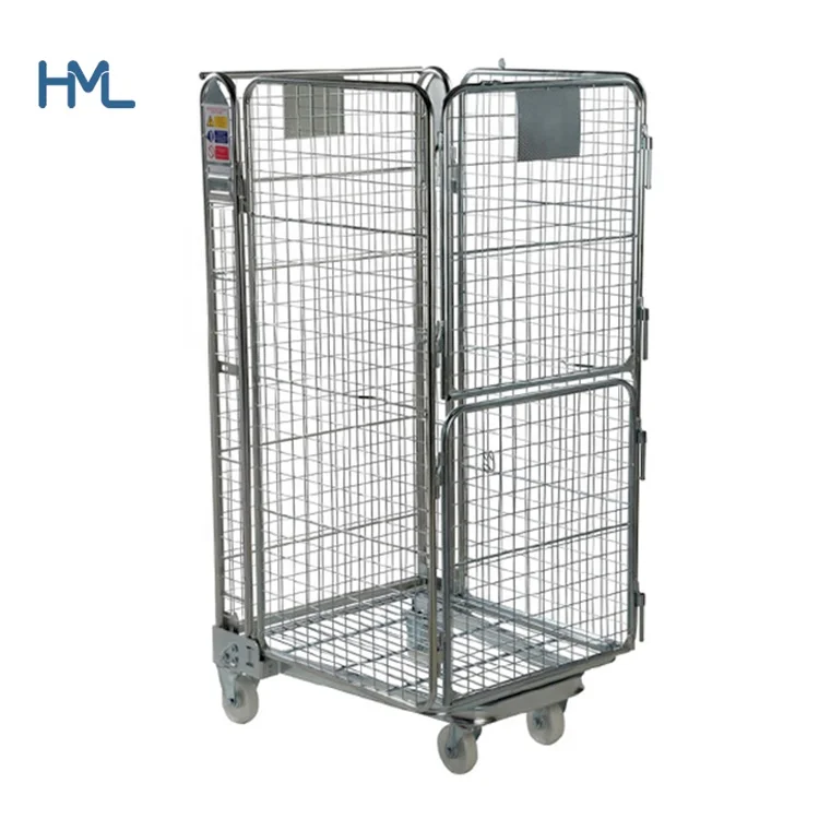 Four wheel easy assemble metal welded galvanized foldable security roll wire container