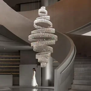 Modern Luxury Large Staircase Hanging Pendant Light Villa Room Long Spiral K9 Crystal Beads Chandeliers