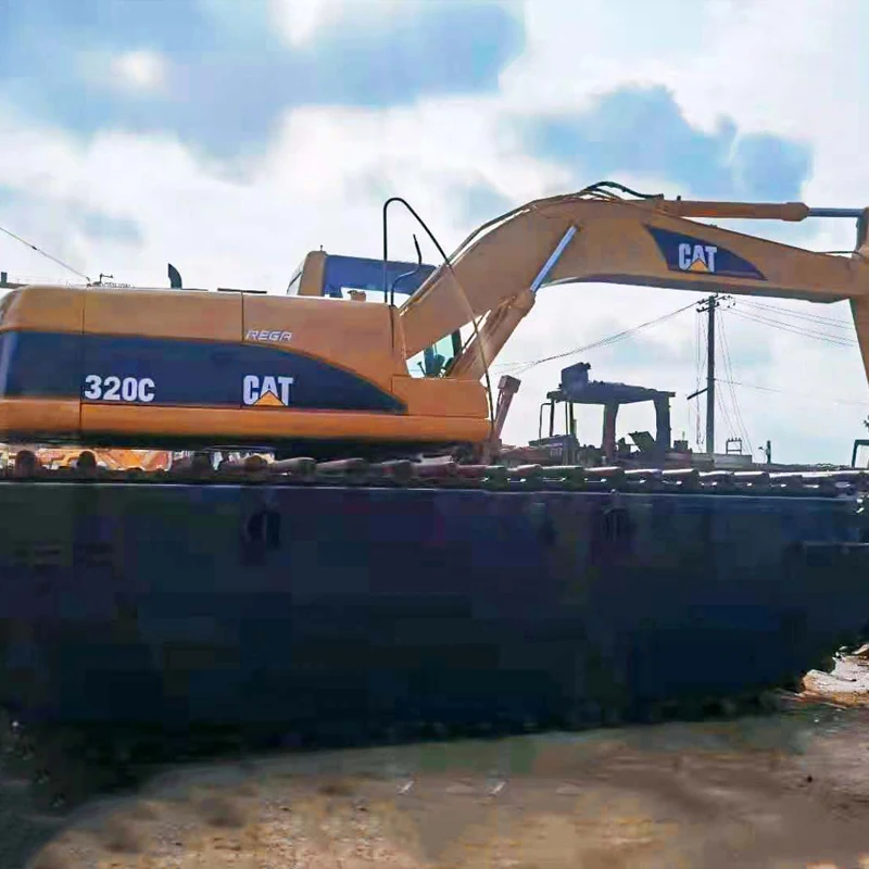 Used Amphibious Excavator Dredger CAT 320, CAT 320C 320CL 320D 320D2 Excavator, River Sand Dredging Machine Pontoon Boat Sides