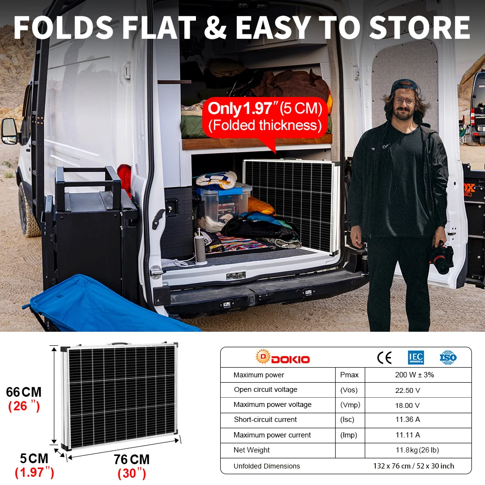 Free Shipping Dokio USA STOCK 18V 200W Rigid Foldable Solar Panel 18V 20A 12V Controller Panel Solar Easy to Carry for Camping