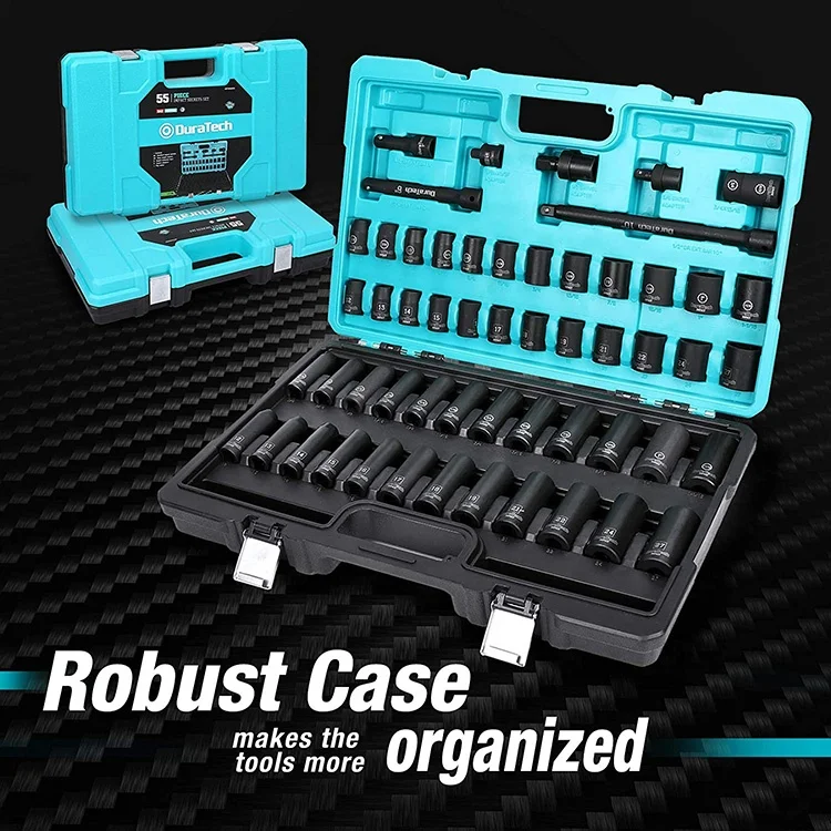 DURATECH Customized 55pc Professional 1/2 Inch Impact Socket Set With 24 Both Standard Impact Sockets and Deep Impact Sockets