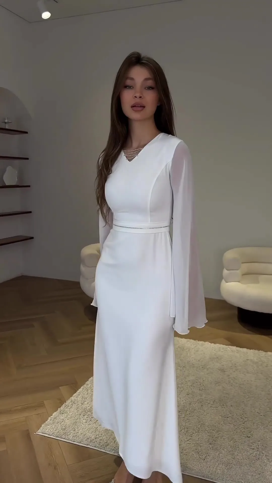 chinese dress ladies Long Sleeve Shiny Tricot Overlap Midi Dress