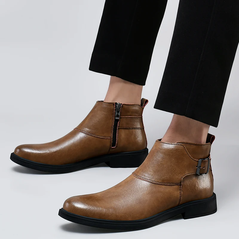 Pointed Toe Zipper-up Men's Chelsea Boots - Genuine Cow Leather