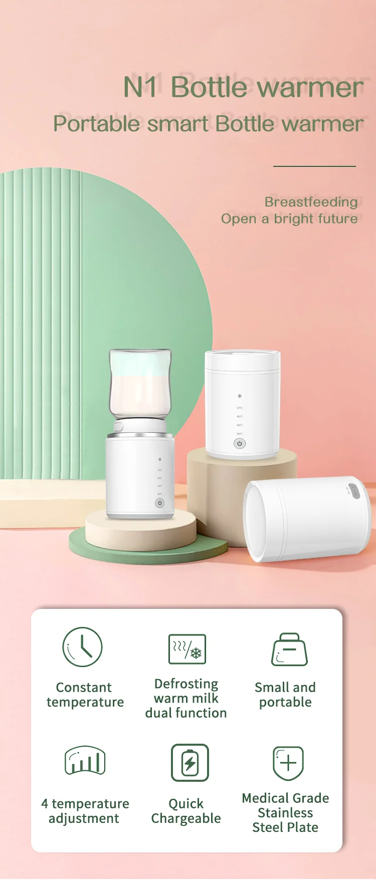 N1 Quick Heating Portable Bottle Warmer Temperature Control Breast Milk Warmer for Most Bottles