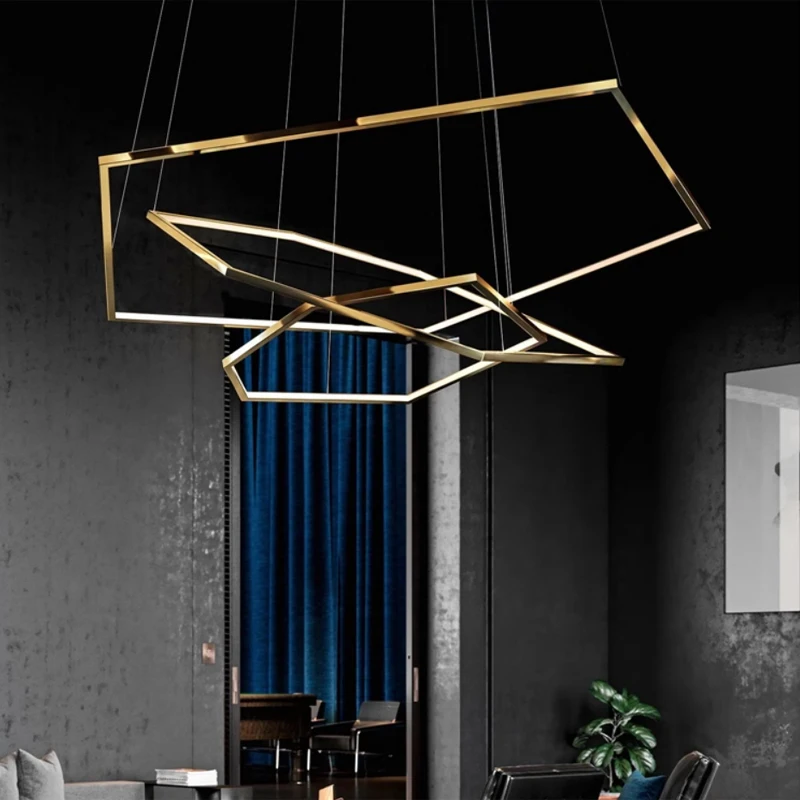 3 Ring Stainless Steel Hexagon Linear Led Pendant Light Living Room Large Nordic Modern Gold Luxury Chandelier