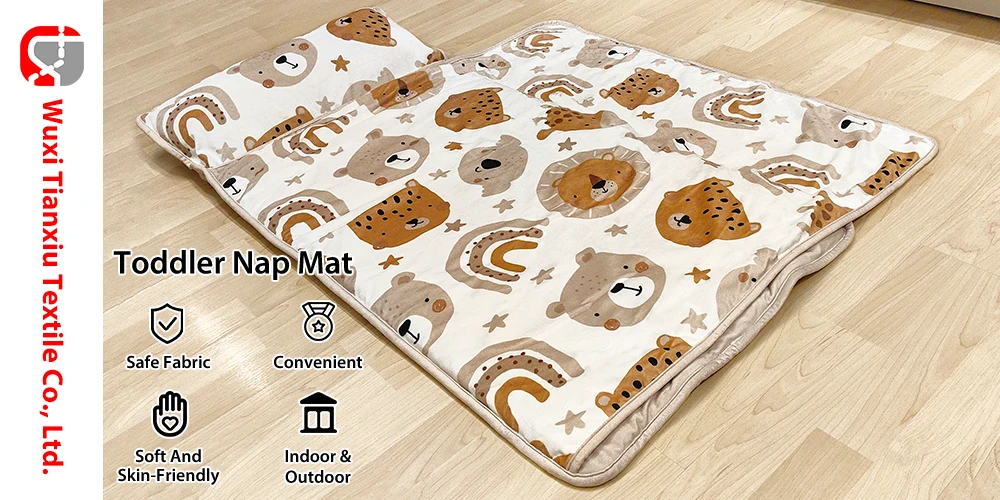 Minky Dot Cartoon Bear Quilted Toddler Nap Mat Portable Outdoor Sleep