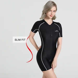 Women's Short Sleeve One Piece Swimsuit with Front Zipper, Solid Color, Slim Fit Lines, Polyester Swimwear for Beach & Pool