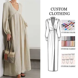 024 Trending Products Custom High-end Fall Clothes OEM Elegant Maxi Ladies Long Sleeve Women Dress Casual 100% Linen Dresses
