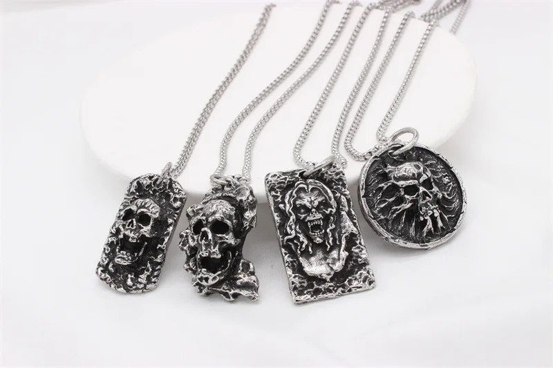 Perhiasan Antik Kalung Tengkorak Pria Punk Liontin Kerangka Halloween Baja  Tahan Karat
