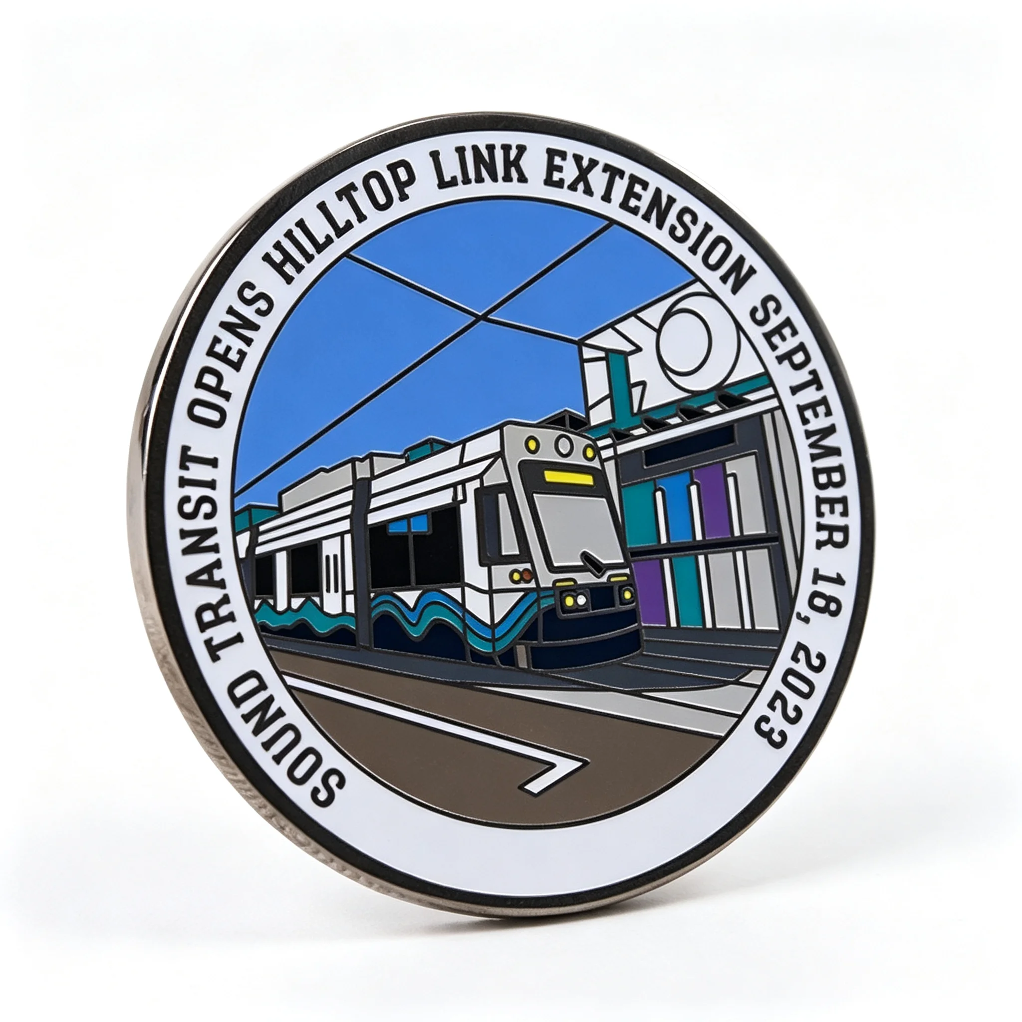 Hard enamel challenge coin front view on white background
