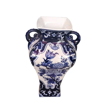 中国　花瓶 Jingdezhen高品質青と白の花柄磁器花瓶正方形アンティーク