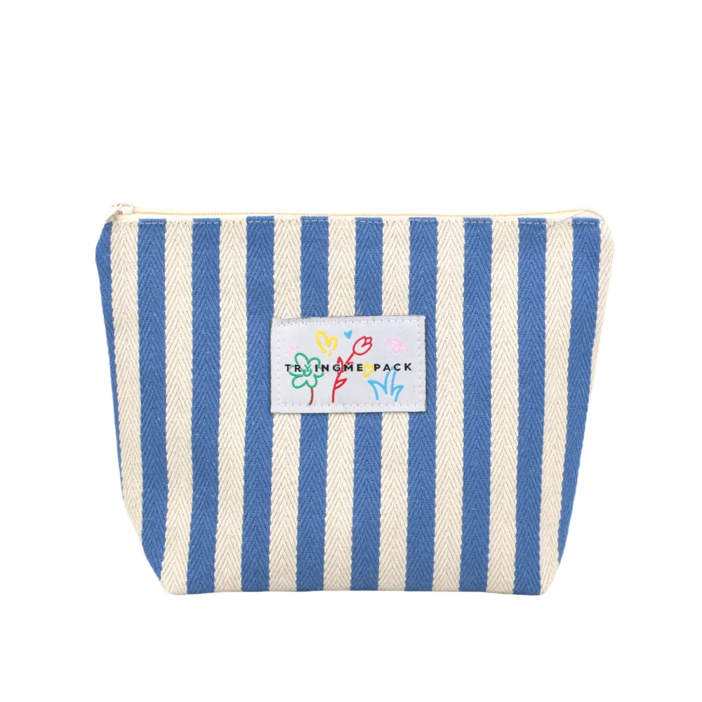ODM Custom Eco Cotton Canvas Cosmetic Make up Bag Portable Travel Striped for Toiletry Pouch with Zipper Closure